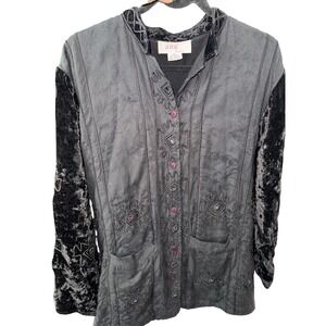 Anu By Natural Black Velvet Embroidered whimsy goth boho Button Front Jacket